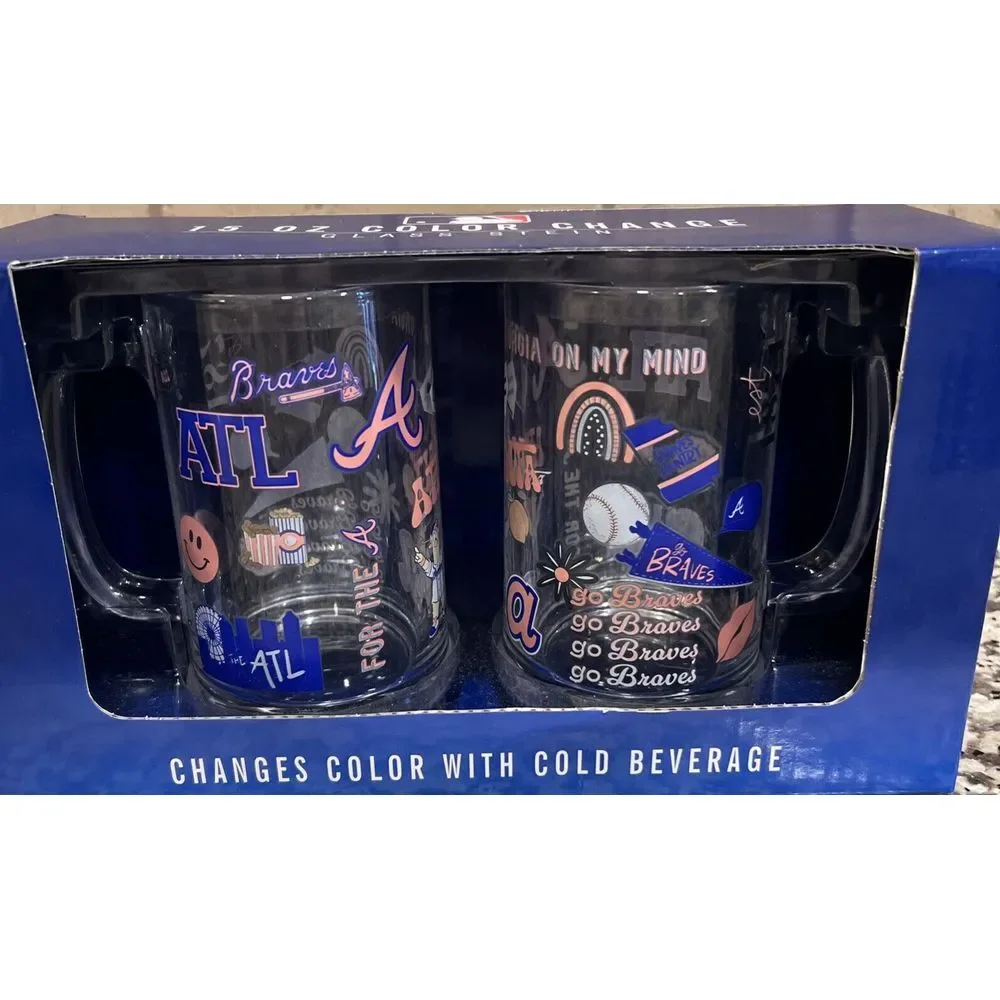 New In Box Set Of 2 NFL Atlanta‎ Braves 15 Oz Color Change Glass Stein Memory Co